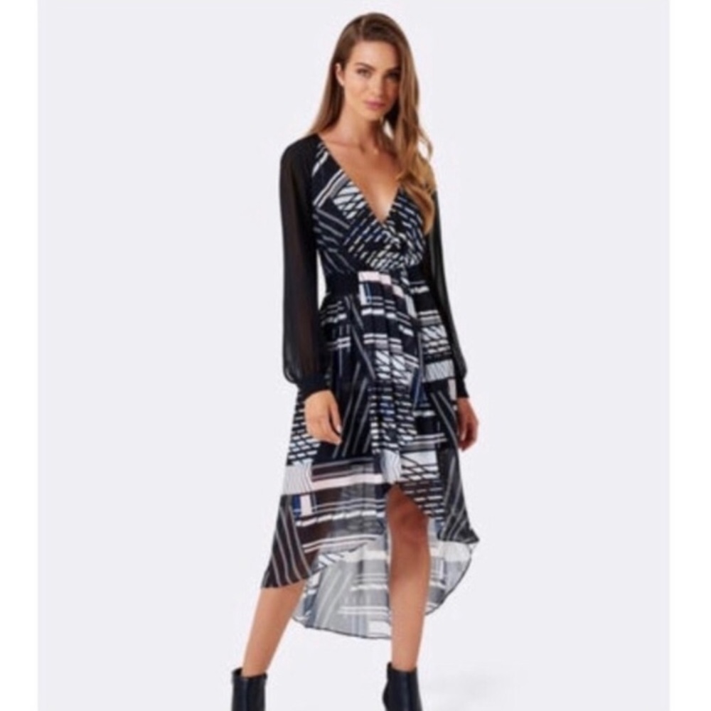 Ever New Black and White Geometric High-Low Wrap Dress